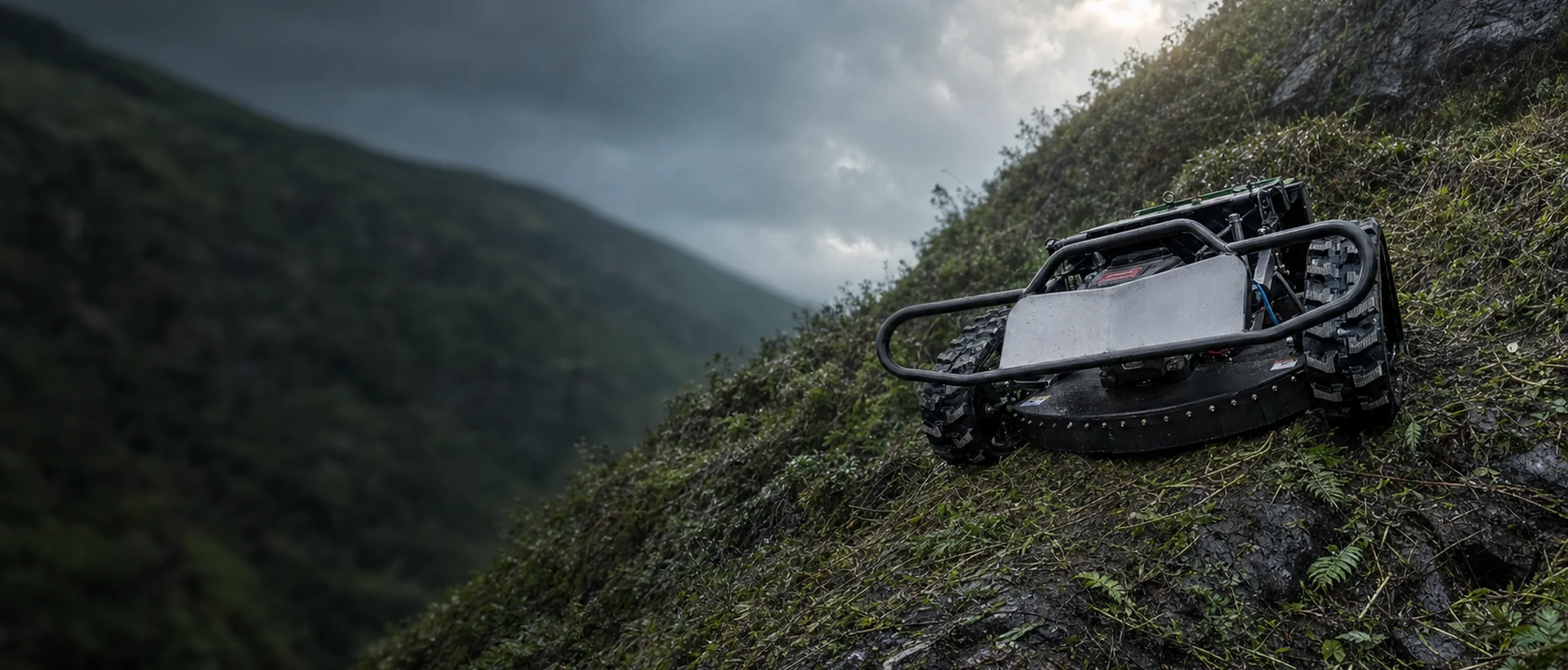 Heavy duty tracked mower working on a steep slope